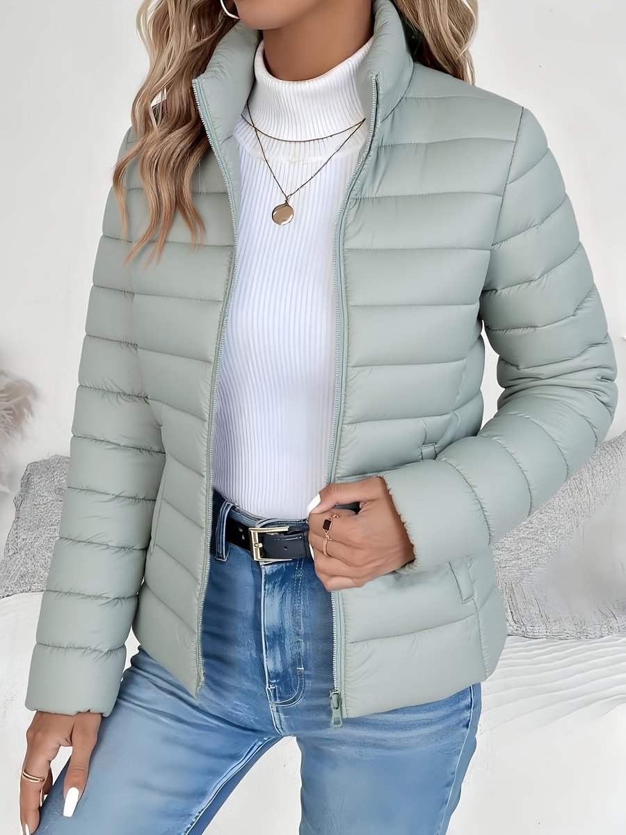 Women's Lightweight Quilted Puffer Coat - Stand Collar Zip-Up | Winter - Sage Green