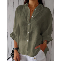 Women's Linen Blouse | Collar & Buttons | Breathable | Summer - Army Green