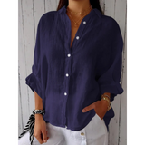 Women's Linen Blouse | Collar & Buttons | Breathable | Summer - Dark Blue