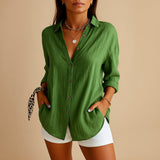 Women's Linen Button Down Blouse Long Sleeve Relaxed Fit | Spring - Green