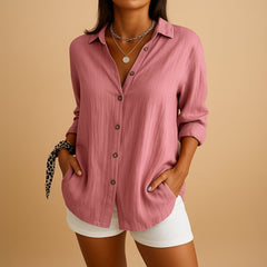 Women's Linen Button Down Blouse Long Sleeve Relaxed Fit | Spring - Pink