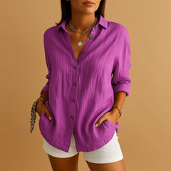 Women's Linen Button Down Blouse Long Sleeve Relaxed Fit | Spring - Purple