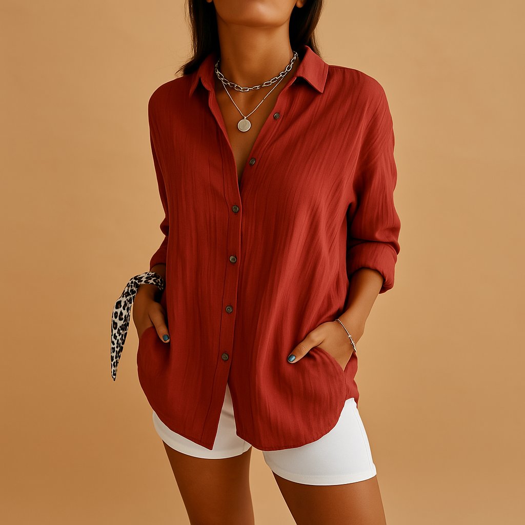 Women's Linen Button Down Blouse Long Sleeve Relaxed Fit | Spring - Red