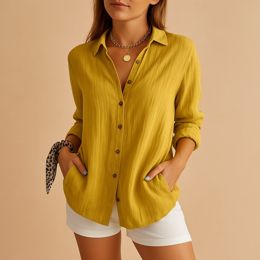 Women's Linen Button Down Blouse Long Sleeve Relaxed Fit | Spring - Yellow
