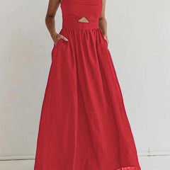 Women's Linen Maxi Dress | Cut-Out Detail | Summer - Red