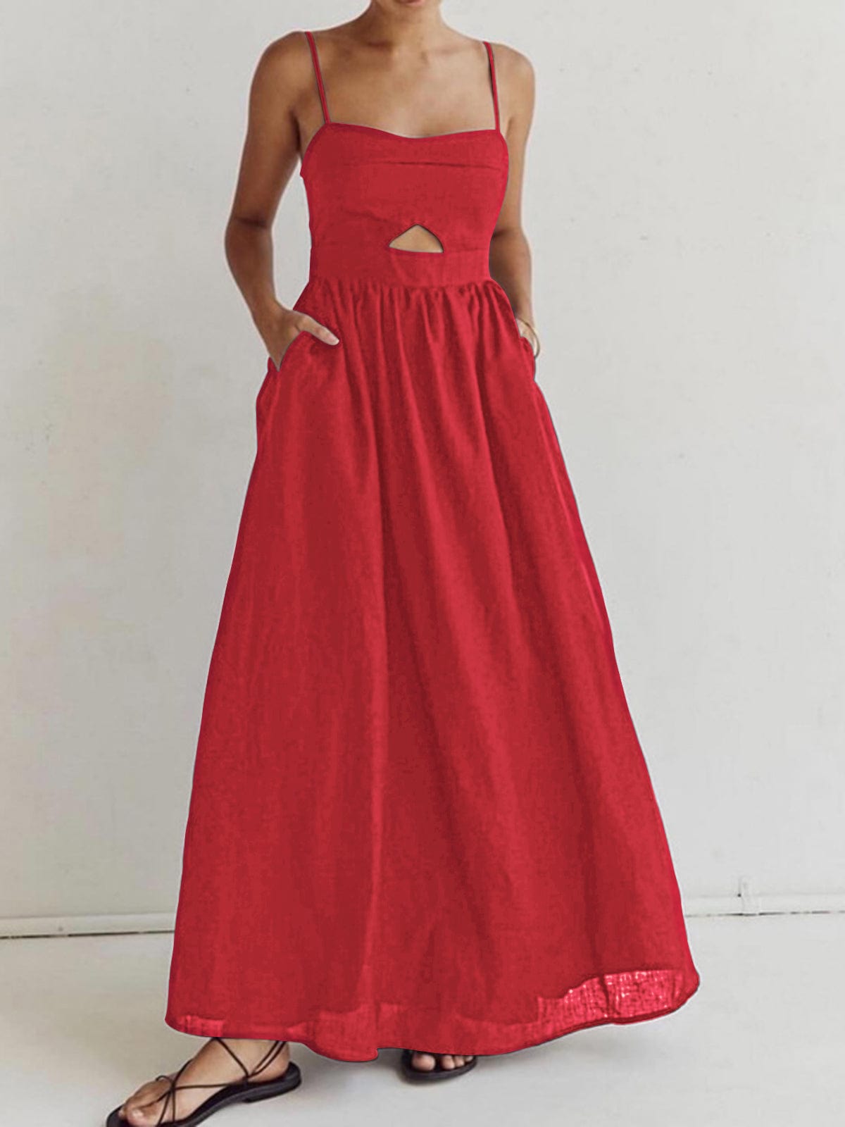 Women's Linen Maxi Dress | Cut-Out Detail | Summer - Red