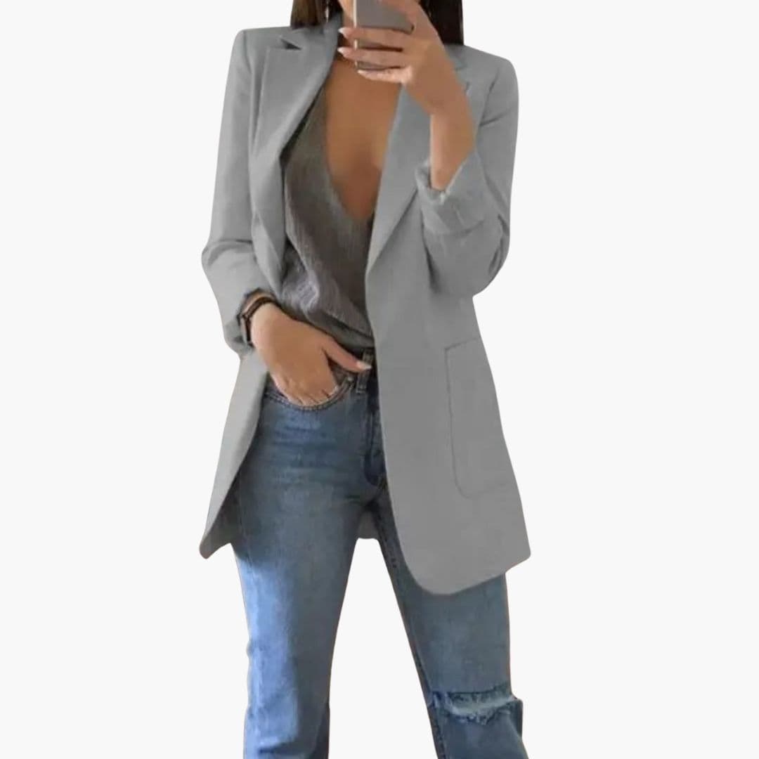 Women's Long Blazer | Revers Collar | Winter - Light Gray