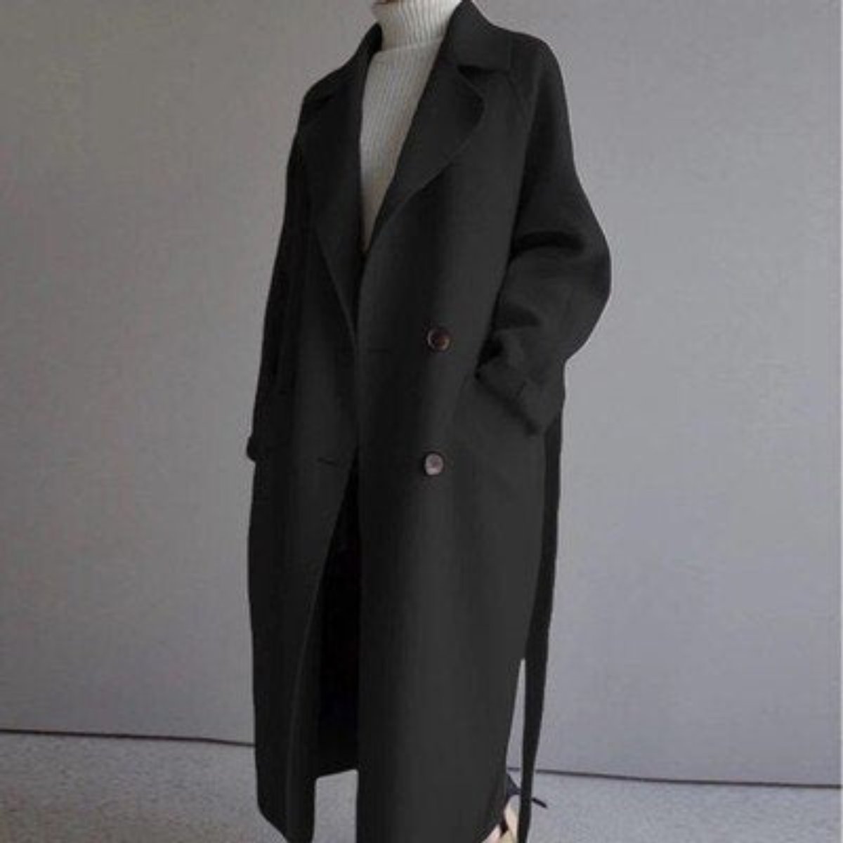 Women's Long Double-Breasted Cashmere Blend Coat - Timeless Elegance - Black