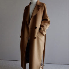 Women's Long Double-Breasted Cashmere Blend Coat - Timeless Elegance - Caramel