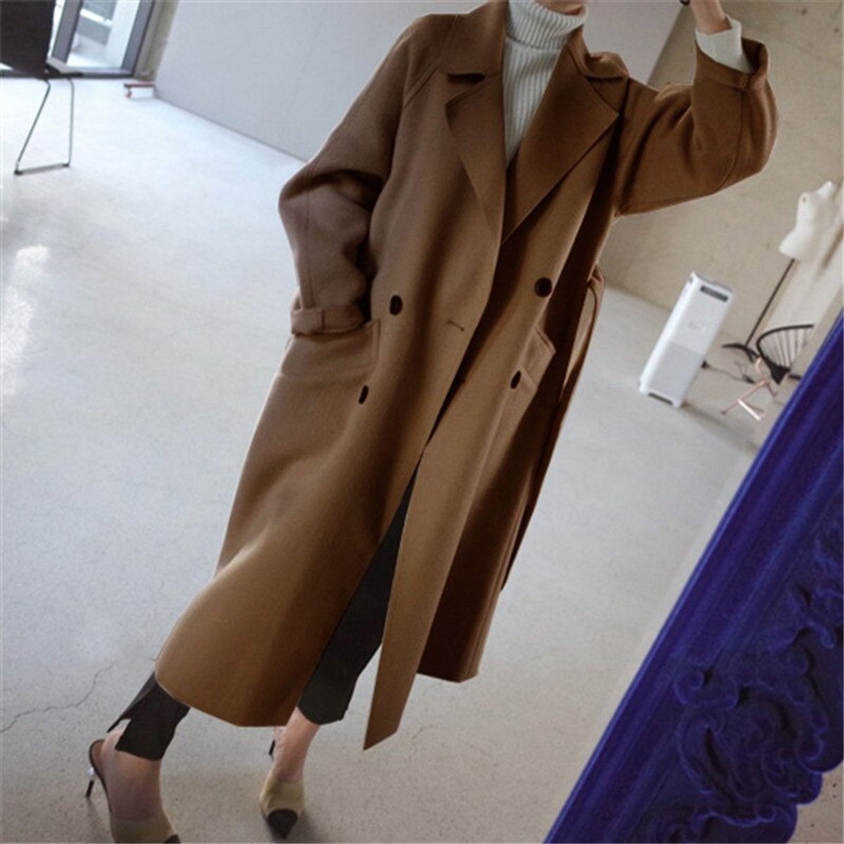 Women's Long Double-Breasted Cashmere Blend Coat - Timeless Elegance
