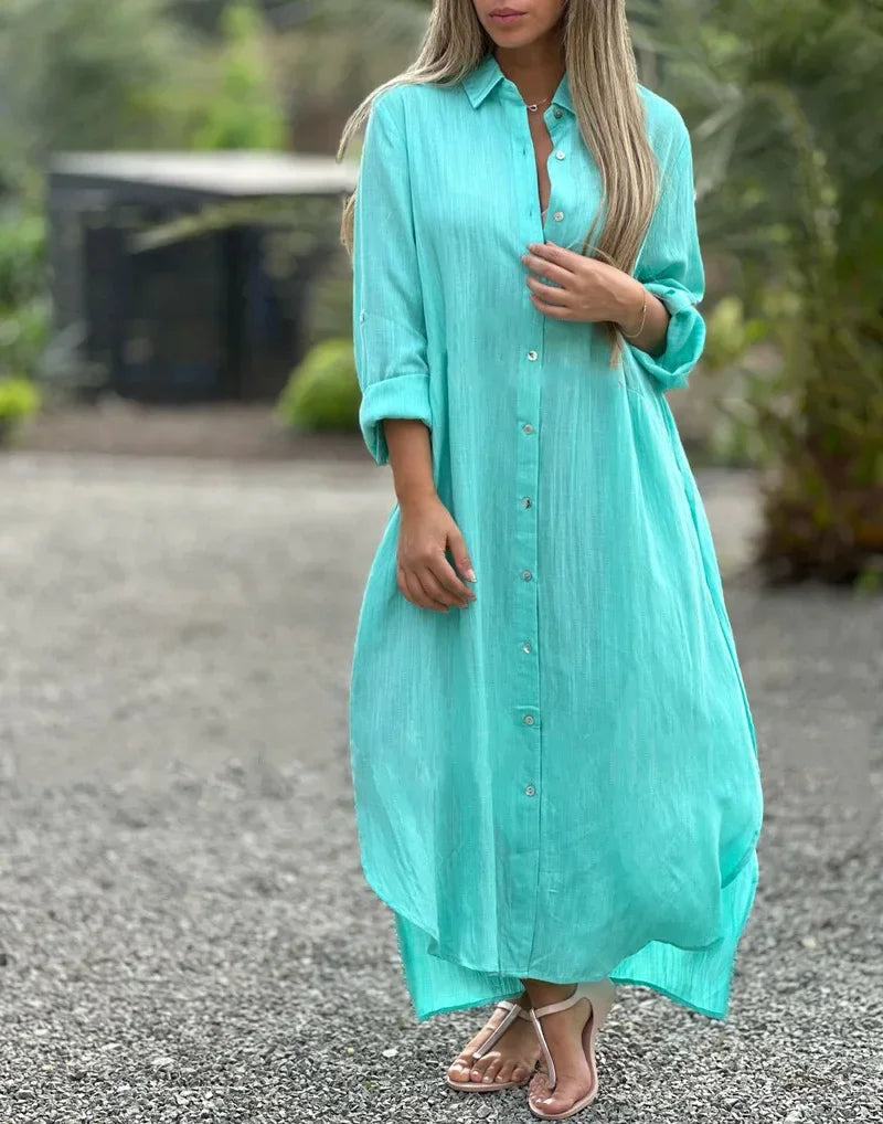 Women's Long Dress | Button Front | Collar | Summer - Light Blue