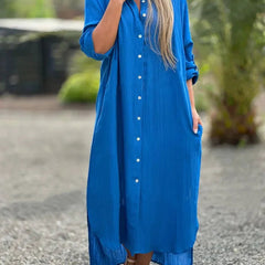 Women's Long Dress | Button Front | Collar | Summer - Navy