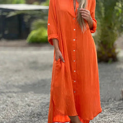Women's Long Dress | Button Front | Collar | Summer - Orange