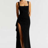 Women's Long Dress | Fitted | High Slit | Autumn - Black
