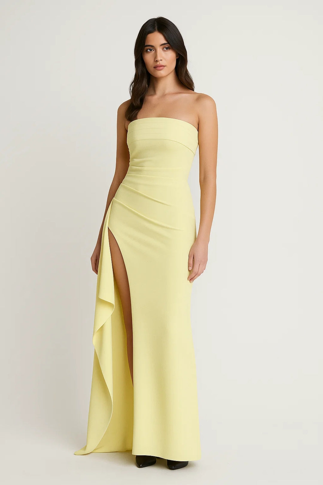Women's Long Evening Dress | Strapless | Ruched | Winter - Yellow