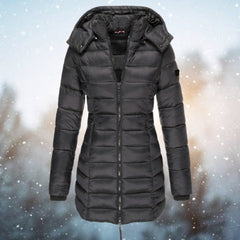 Women's Long Hooded Quilted Puffer Jacket - Winter Coat - Black