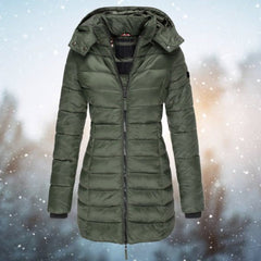 Women's Long Hooded Quilted Puffer Jacket - Winter Coat - Green