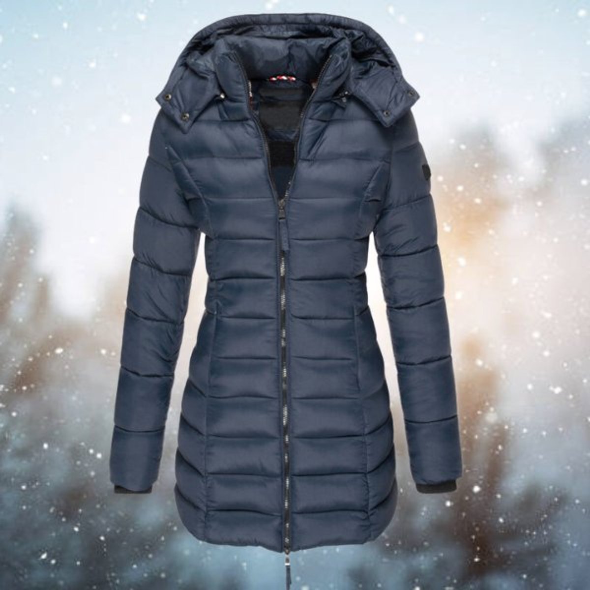 Women's Long Hooded Quilted Puffer Jacket - Winter Coat - Navy