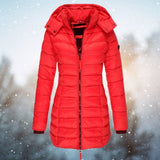 Women's Long Hooded Quilted Puffer Jacket - Winter Coat - Red