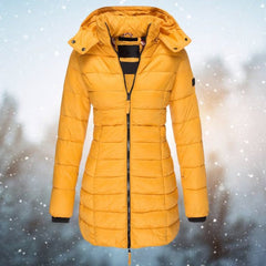 Women's Long Hooded Quilted Puffer Jacket - Winter Coat - Yellow