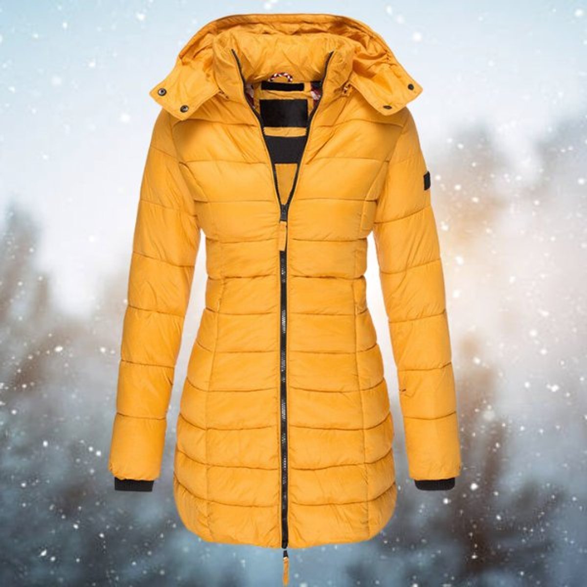 Women's Long Hooded Quilted Puffer Jacket - Winter Coat - Yellow
