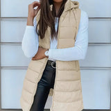 Women's Long Hooded Sleeveless Puffer Vest - Lightweight Layering - Beige