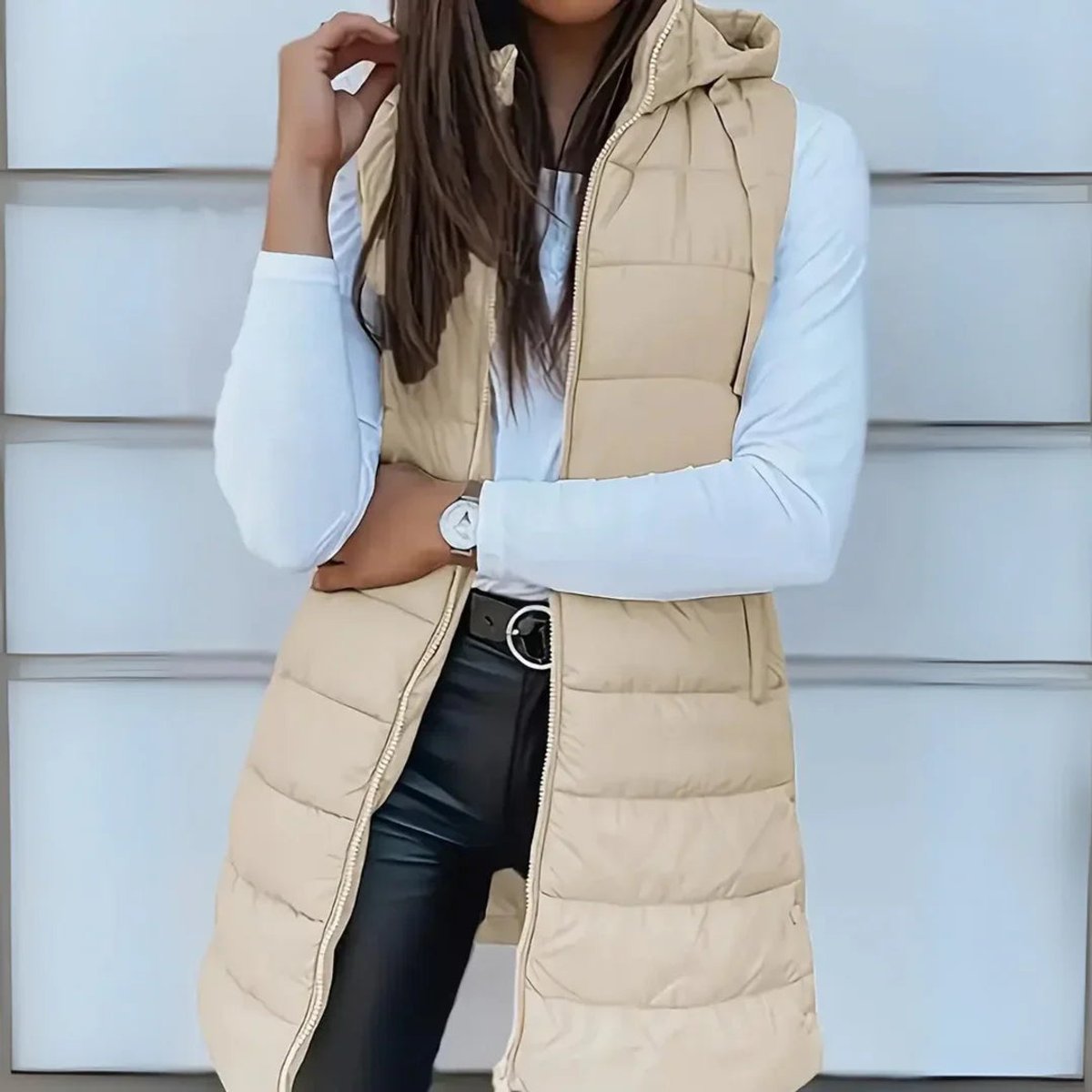 Women's Long Hooded Sleeveless Puffer Vest - Lightweight Layering - Beige