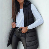 Women's Long Hooded Sleeveless Puffer Vest - Lightweight Layering - Black