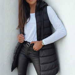 Women's Long Hooded Sleeveless Puffer Vest - Lightweight Layering - Black