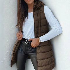 Women's Long Hooded Sleeveless Puffer Vest - Lightweight Layering - Brown