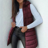 Women's Long Hooded Sleeveless Puffer Vest - Lightweight Layering - Chestnut Brown