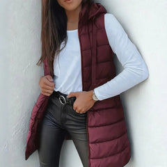 Women's Long Hooded Sleeveless Puffer Vest - Lightweight Layering - Chestnut Brown