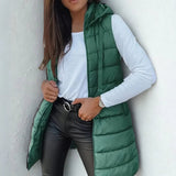 Women's Long Hooded Sleeveless Puffer Vest - Lightweight Layering - Green