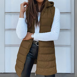 Women's Long Hooded Sleeveless Puffer Vest - Lightweight Layering - Khaki