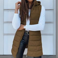 Women's Long Hooded Sleeveless Puffer Vest - Lightweight Layering - Khaki