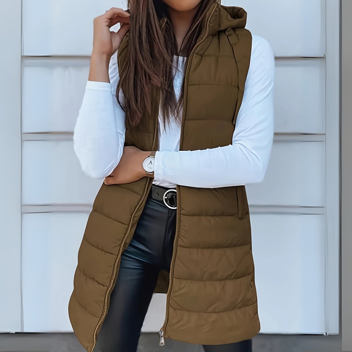 Women's Long Hooded Sleeveless Puffer Vest - Lightweight Layering - Khaki