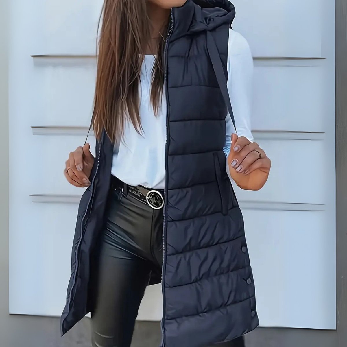 Women's Long Hooded Sleeveless Puffer Vest - Lightweight Layering - Navy