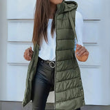 Women's Long Hooded Sleeveless Puffer Vest - Lightweight Layering - Olive Green
