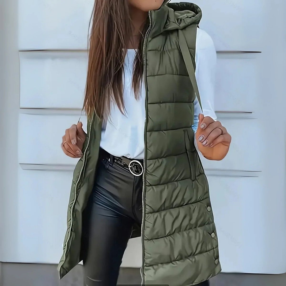 Women's Long Hooded Sleeveless Puffer Vest - Lightweight Layering - Olive Green
