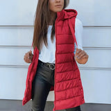 Women's Long Hooded Sleeveless Puffer Vest - Lightweight Layering - Red