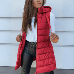 Women's Long Hooded Sleeveless Puffer Vest - Lightweight Layering - Red