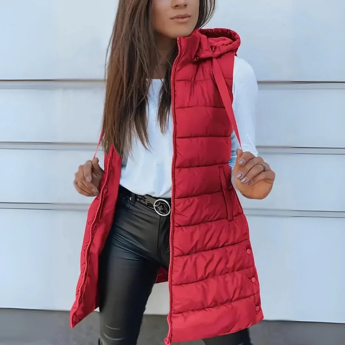 Women's Long Hooded Sleeveless Puffer Vest - Lightweight Layering - Red