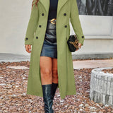 Women's Long Jacket | Double Button Gray | Classic Style | Autumn - Olive