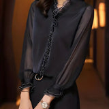 Women's Long Sleeve Ruffle Blouse - Elegant Summer Style - Black