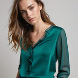 Women's Long Sleeve Ruffle Blouse - Elegant Summer Style - Dark Green