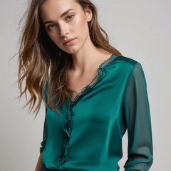 Women's Long Sleeve Ruffle Blouse - Elegant Summer Style - Dark Green