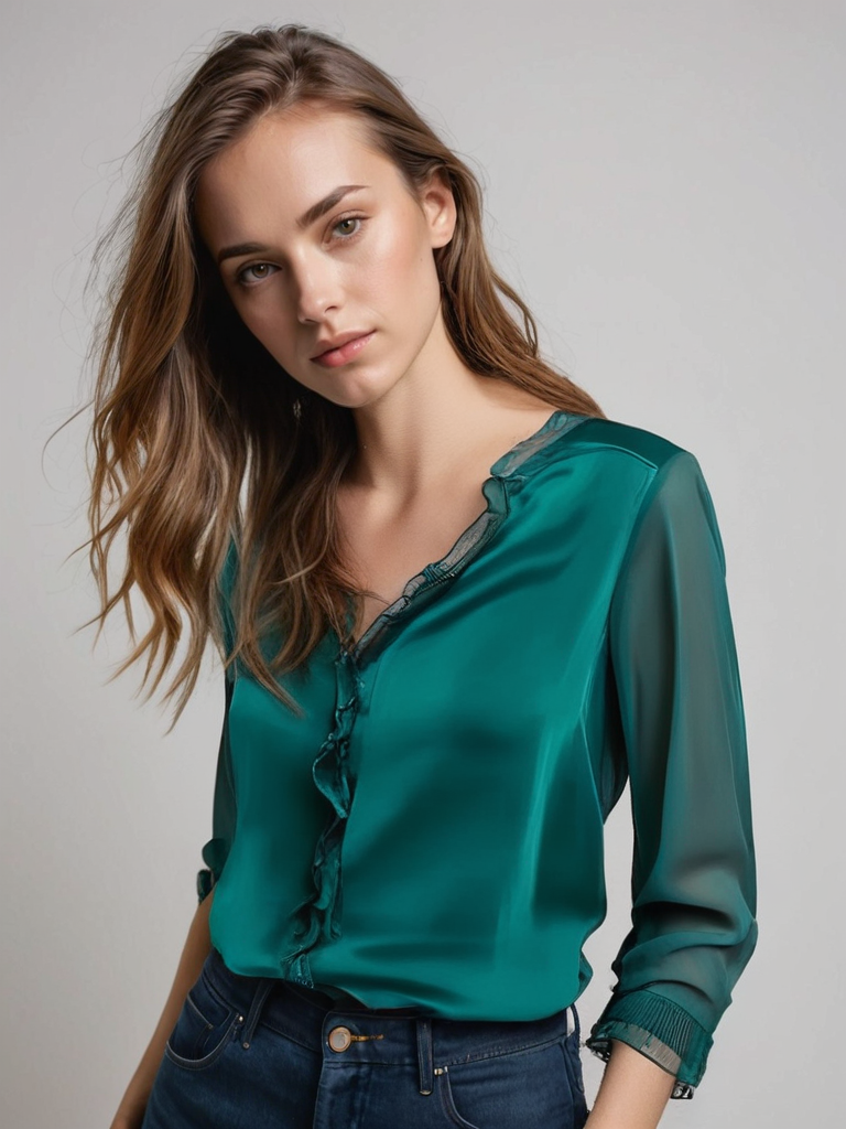 Women's Long Sleeve Ruffle Blouse - Elegant Summer Style - Dark Green