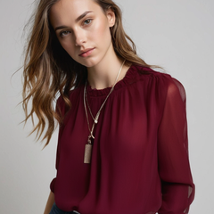 Women's Long Sleeve Ruffle Blouse - Elegant Summer Style - Dark Red