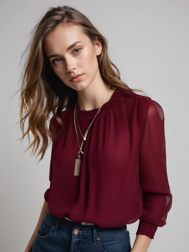 Women's Long Sleeve Ruffle Blouse - Elegant Summer Style - Dark Red