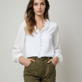 Women's Long Sleeve Ruffle Blouse - Elegant Summer Style - White